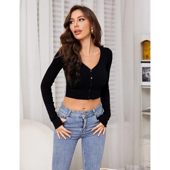 Women's Cropped Cardigan Knit Long Sleeve V-Neck Button Down Small - Picture 2 of 6